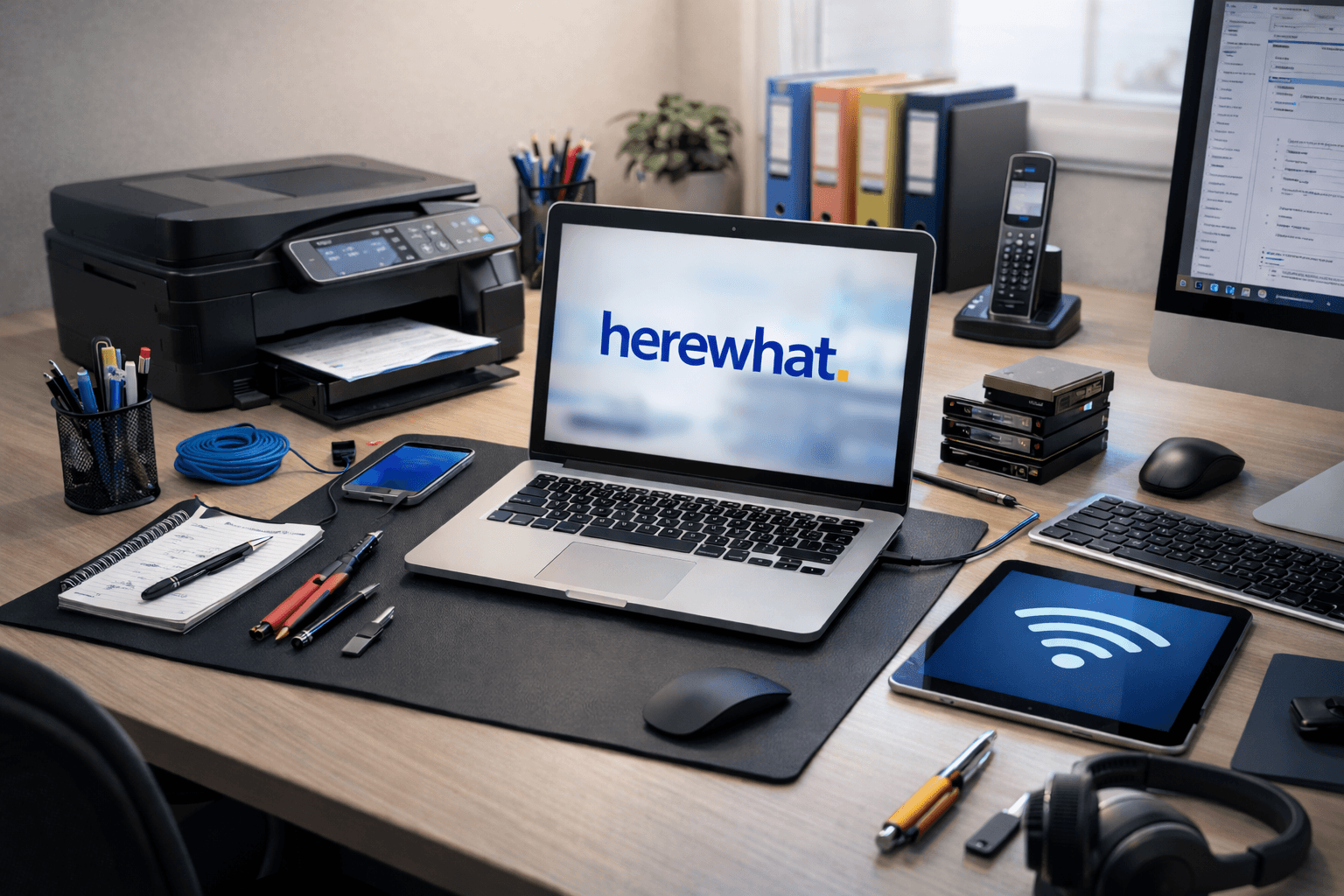 Workstation with the Herewhat logo displayed on a laptop